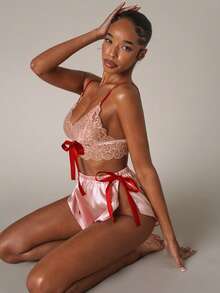 SHEIN BAE Lace Cami Top & Tie Side Shorts PJ Set - Baby Pink - View 8