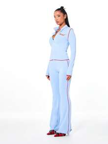 BABYPHAT 拉链前襟长袖上衣，饰有红色撞色滚边和刺绣字样细节 - 淺藍色 - 查看 5