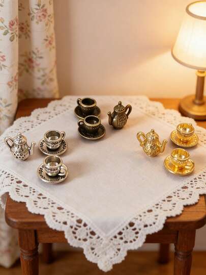 MINKOJA - SELECTS 3件套复古迷你茶杯和茶壶套装，娃娃屋咖啡店厨房配件，摄影道具，金色/铜色/银色