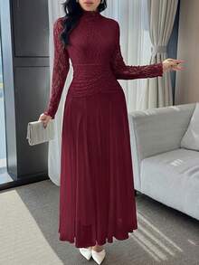 Modelyn 女士撞色蕾丝立领长袖优雅连衣裙 - 酒紅色 - 查看 4
