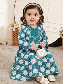 SHEIN Babygirl Elegant Floral Print Long Sleeve Dress, Lovely & Charming In Pink - Multicolor - View 6