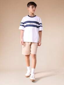 SUMWON Set coordinato per ragazze pre-adolescenti composto da maglietta a righe e pantaloncini cargo con stampa del Island sul petto, outfit casual estivo - Bianco - Visualizzare 1
