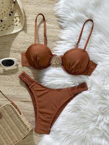 Swim Chiccia Bộ bikini 2 món dành cho nữ, màu trơn, kiểu dáng gợi cảm, gồm áo hai dây và quần tam giác buộc dây phía trước, thích hợp cho mùa hè. - màu nâu - Xem 1