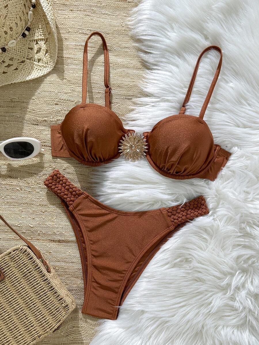Swim Chiccia Bộ bikini 2 món dành cho nữ, màu trơn, kiểu dáng gợi cảm, gồm áo hai dây và quần tam giác buộc dây phía trước, thích hợp cho mùa hè. - màu nâu - Xem 1