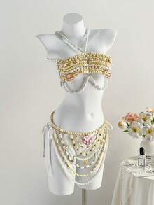 Elamini Ensembles de bikini pour femmes, bikinis de plage pour femmes été 2026 Tenues d'été pour femmes Robe de plage Tenues de plage pour femmes Tenues d'été élégantes et décontractées pour les vacances Tenues de vacances pour femmes Maillots de bain pour femmes, Tenues de plage et de fête décontractées, Bikini perlé printemps/été Tenue de déesse perlée Bikini coquillage Bikini perle Tenue bohème de vacances Sexy Uni Carreaux Rayures Décontracté - Beige - Voir 2
