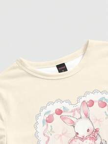 ROMWE Kawaii Cute Collegiate Innocent Heart Rabbit Slogan Bow Lace All-Over Print Sexy Women T-Shirt - Beige - View 4