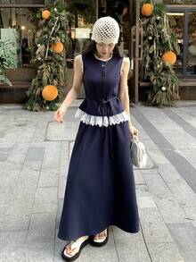 DAZY Women's Lace Patchwork Crew Neck Sleeveless Top And Skirt Casual 2-Piece Set - Navy Blue - View 5