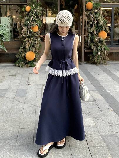 DAZY Women's Lace Patchwork Crew Neck Sleeveless Top And Skirt Casual 2-Piece Set