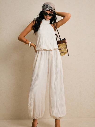 Poéselle 女士休闲度假通勤纯色纹理面料扭结露背连体裤，春夏款