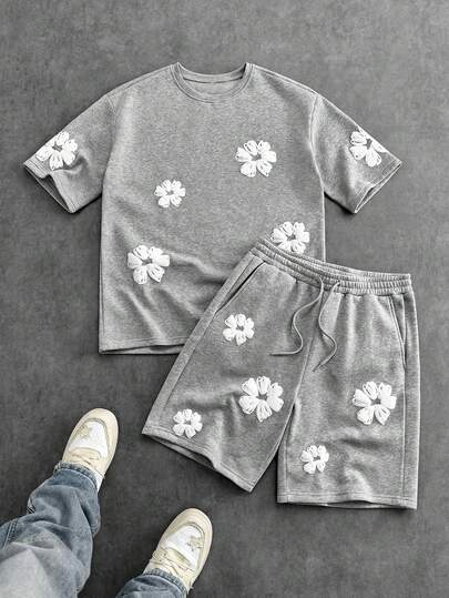 SWAVVY Men's Floral Print Round Neck Short Sleeve T-Shirt And Pocket Shorts Casual Outfit