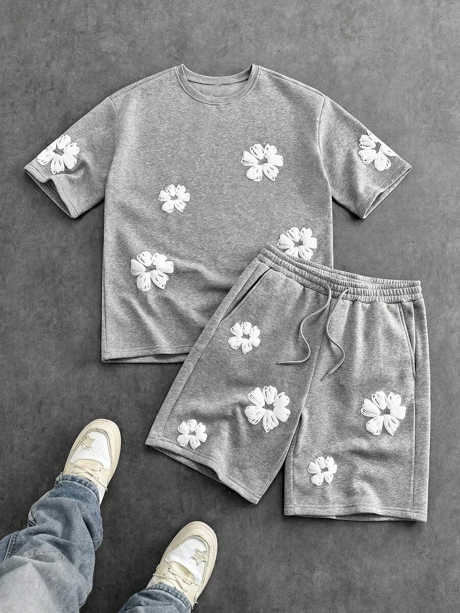SWAVVY Conjunto Casual Masculino com Camiseta de Manga Curta de Gola Redonda e Estampa Floral e Shorts com Bolso - Cinza Claro - Visão 1