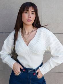 Hitanina Women's Deep V-Neck Cable Knit Patchwork Sweater, Loose Top & Tight Bottom, Beige, Autumn/Winter,Fall - Beige - View 7