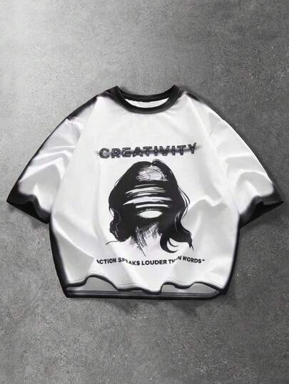 ROMWE MEN Street Life Men's Fashionable Street-Style Contrast Color Figure & Slogan Print Short Sleeve T-Shirt