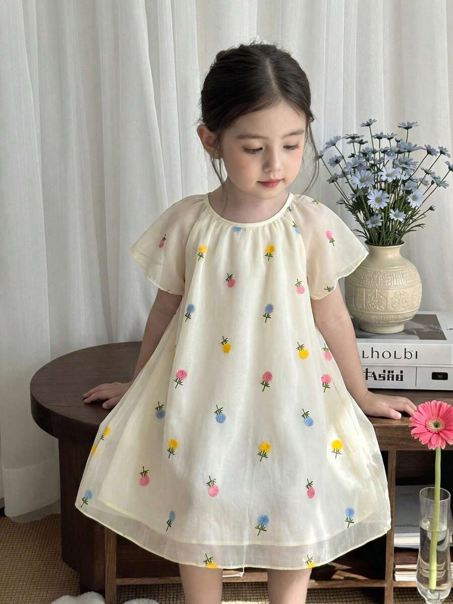 Souflis Souflis Young Girl' Summer Chiffon Lollipop Flower Embroidery Ruffle Hem Cap Sleeve Princess Dress, Vacation & Party - Apricot - View 1
