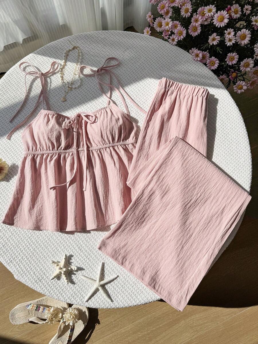 Comfortcana Set Camisole dan Celana Warna Polos Kasual Musim Panas - Dusty Pink - View 1
