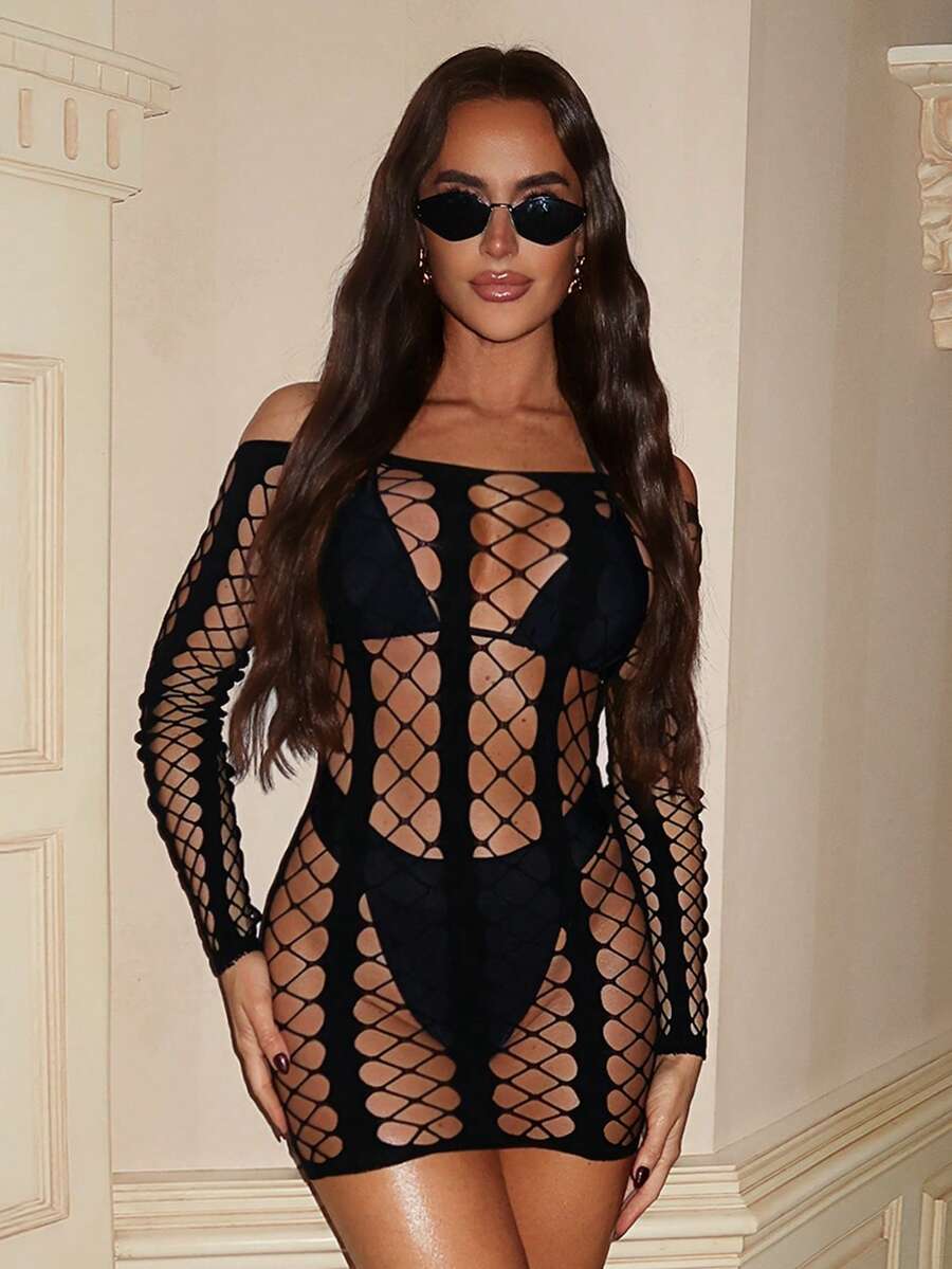 Swim SXY Women's Black Striped Long Sleeve Sheer Sexy Bodysuit, Fishnet Hollow Out Plaid Mini Dress, Women's Cover-Up - Black - View 1