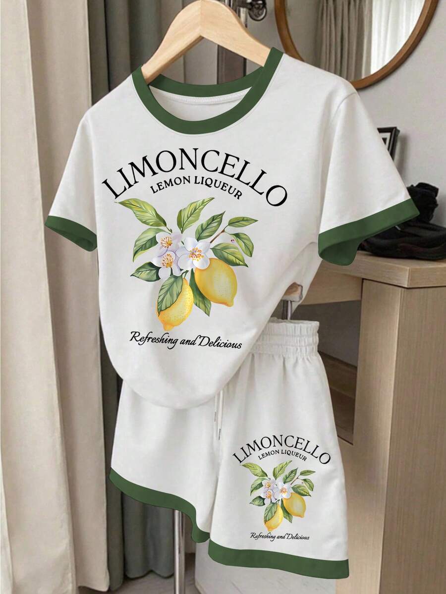 Resyla 2pcs Women Letter & Fruit Print Round Neck Contrast Trim Short Sleeve T-Shirt And Shorts Set, Suitable For Casual Daily Wear - Multicolor - View 1