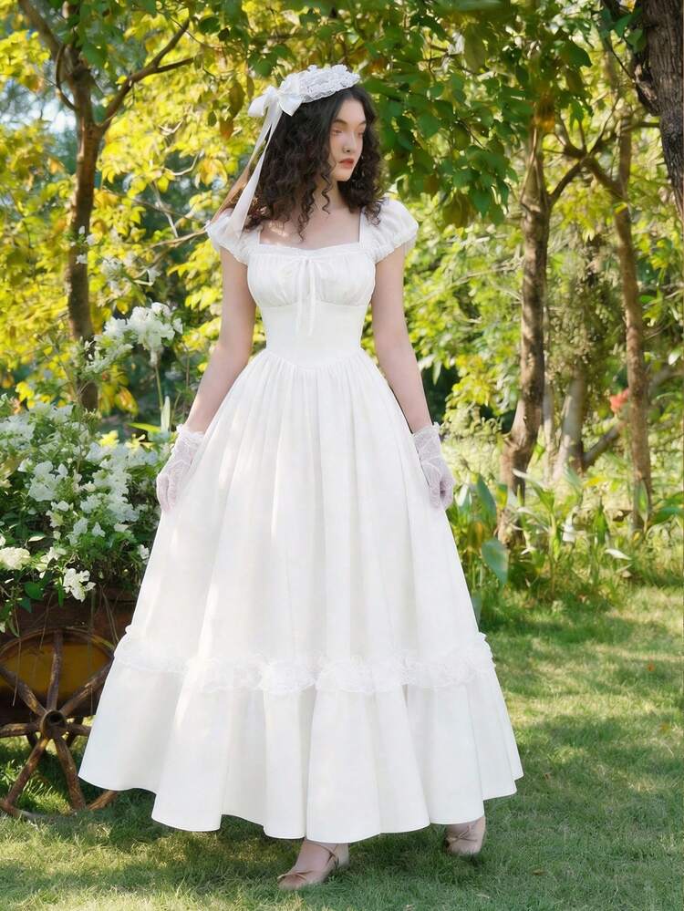 vintage victorian bridesmaid dresses Skyraze White,Summer,Elegant,Wedding Bridal Lace Ruffle Long Dress,Cottagecore Milkmaid Corset Gown,Princess Style Formal Party Prom Dress 19th century