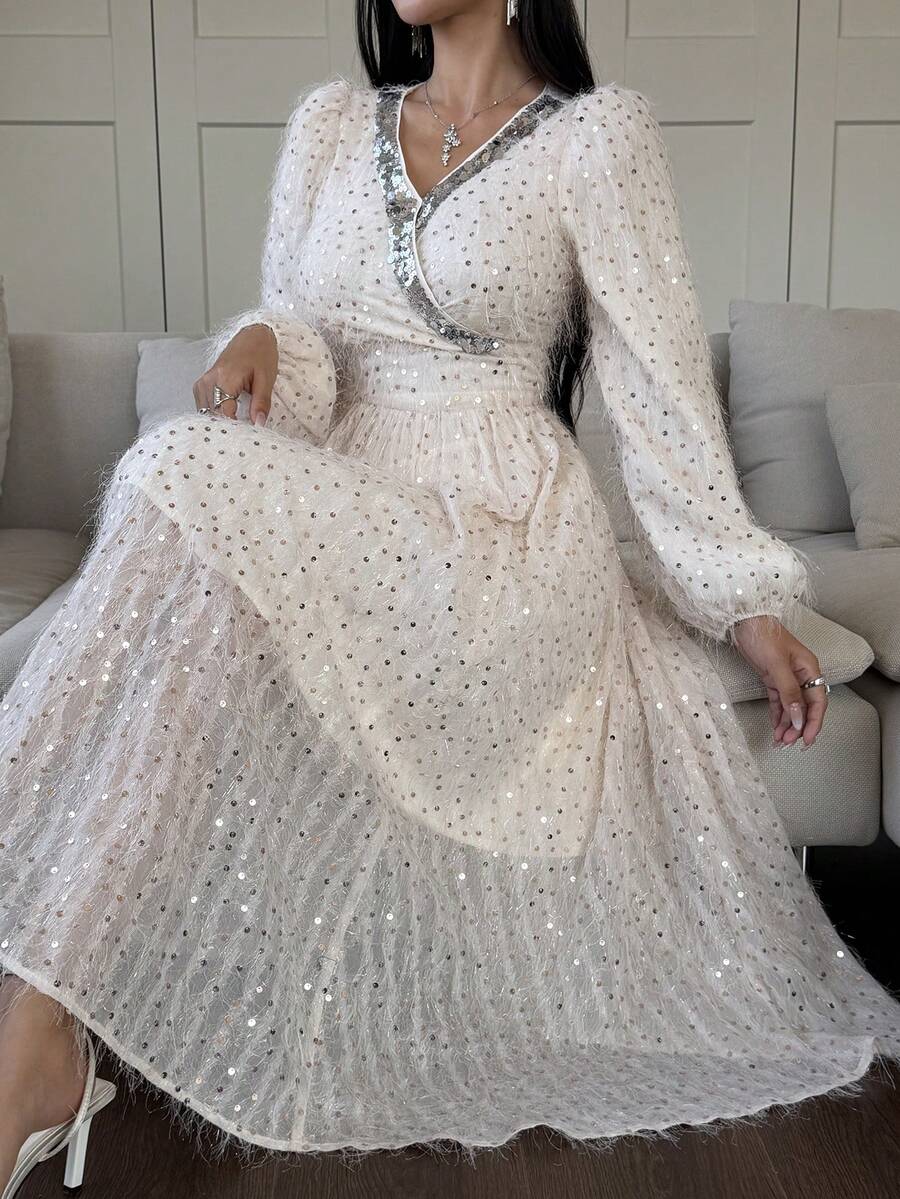 DAZY Đầm midi tay phồng đính sequin, thích hợp cho khách dự đám cưới, tiệc tùng, dạ hội, đầm lấp lánh, đầm hè. - Màu be - Xem 1