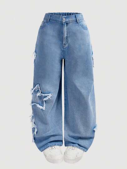 SHEIN PETITE CURVE Plus Size Five-Pointed Star Patch Slant Pocket Casual Wide Leg Jeans