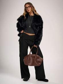 Avantive Women's Casual Solid Color Waist Tie Straight Leg Pants - Black - View 8
