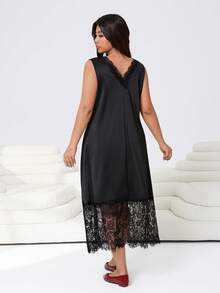 Muchica Đầm không tay cổ chữ V phối ren màu trơn, cỡ lớn, thanh lịch, thích hợp cho mùa hè. - màu đen - Xem 2