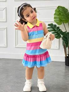 SHEIN Baby Girl Knitted Striped Sleeveless Casual Dress - Multicolor - View 1