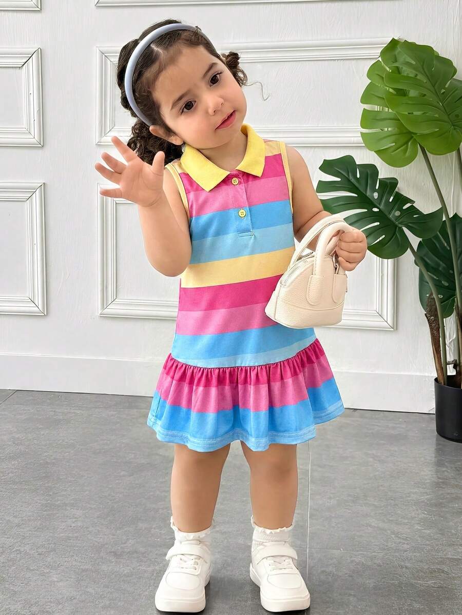 SHEIN Baby Girl Knitted Striped Sleeveless Casual Dress - Multicolor - View 1