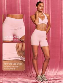 GLOWMODE 4.3" FeatherFit™ High-Rise Waist Shorts With Built-In Shorts Non-Slip Grips Low Impact Yoga Pilates Studio Daily Casual Wear - Baby Pink - View 5