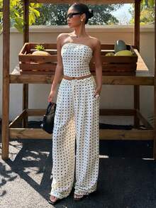 Muchica Women's New Polka Dot Bandeau Top & Long Skirt Set, Spring/Summer - Apricot - View 4