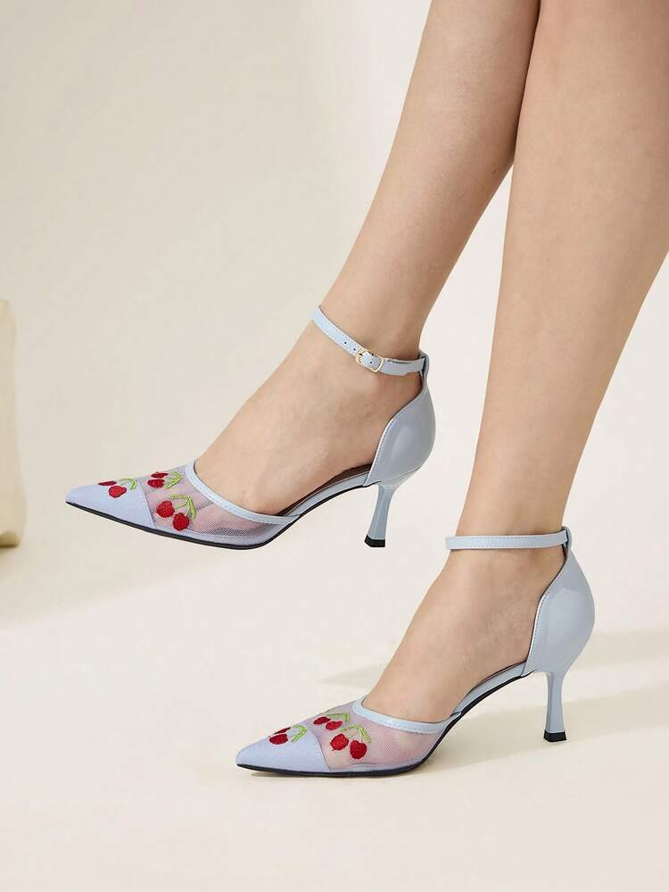CUCCOO CHICEST Women's Pointed Toe Cherry Mesh Strap Design Elegant High Heels Valentine's Day Elegant Shoes