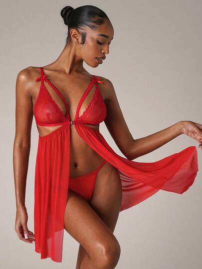 SHEIN BAE 2pcs Set Romantic Lace Patchwork Sexy Nightgown Babydoll Underwear Outer For Going Out