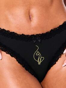 BABYPHAT Luxurious Lace Trim Bralette And Thong Set With Deep V Neckline And Ruffled Edges For Intimate Occasions - Black - View 5