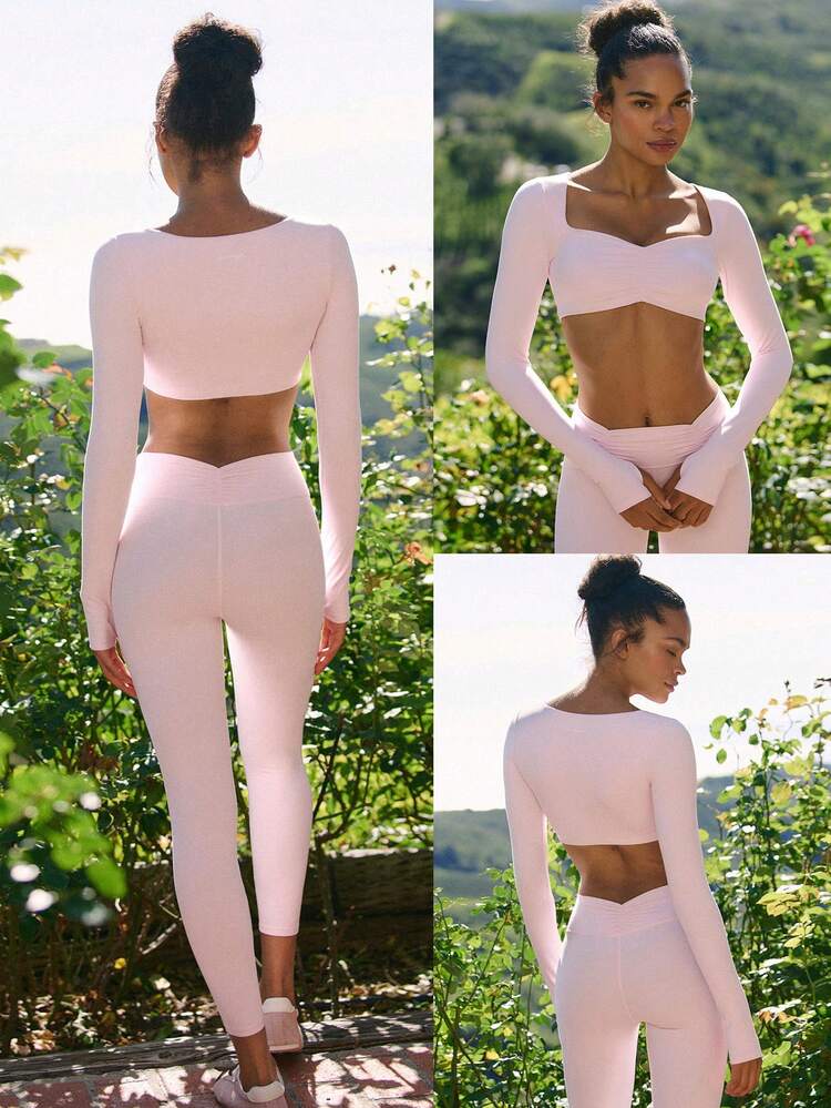 FeatherFit™ Heartline Buttery-Soft Sweat-Wicking Stretchy Thumbhole Design Gathered Bust Removable Cups Cropped Long-Sleeve Low Impact Yoga Pilates Studio Gym Daily Active Wear