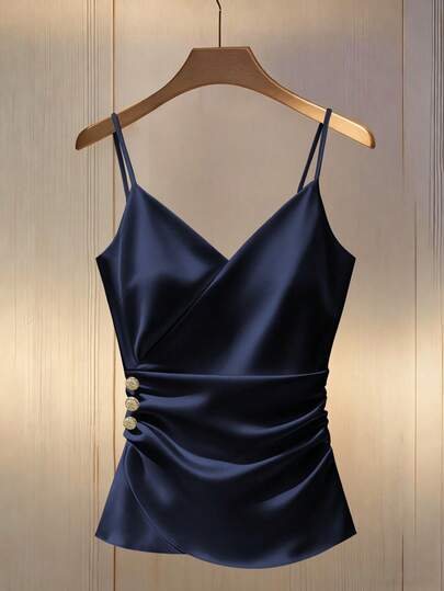 Franclia Women's Summer Sexy Spaghetti Strap Ruffle Trim Metal Buckle Decor Fitted Camisole