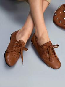 CUCCOO GRLICON Women's Square Toe Lace-Up Design Casual Flat Shoes For Christmas Valentine's Day - Brown - View 4