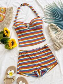 Soleia Women's Summer Vacation Casual Striped Halter Top & Shorts 2 Pieces Set - Multicolor - View 7
