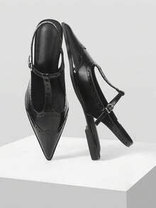 Mnmlis Black Patent Leather Brogues T-Strap Pointed Toe Stiletto Heel Sandals, French Retro Hollow Carved Closed Toe Backless Sandals, High-End Design Genuine Leather Metal Buckle Strap Women Shoes, Niche Luxury Commuter Versatile Dark Style Sandals Valentine's Day - Black - View 6