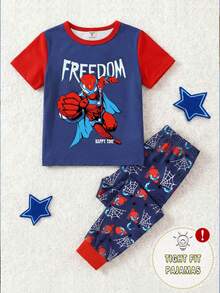 两件套幼儿男童卡通人物字母印花红色短袖上衣搭配蜘蛛网图案印花弹力针织裤睡衣套装，酷炫风格 - 藍色 - 查看 4
