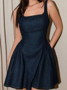 Bris Aura Women's Square Neck Ruched Sleeveless Casual Denim Dress, Summer - Dark Wash - View 4