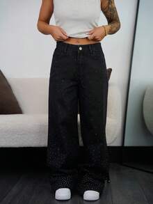 SAYEHFBABY 女式高腰水钻口袋阔腿宽松休闲牛仔裤 - 黑色 - 查看 3
