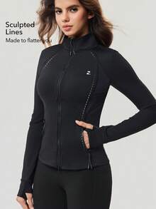 OutZeal Áo khoác thể thao nữ màu đen, thích hợp cho tập luyện, tập gym, chạy bộ, nhanh khô, thoáng khí, chất liệu lưới, dáng ôm sát. - màu đen - Xem 2