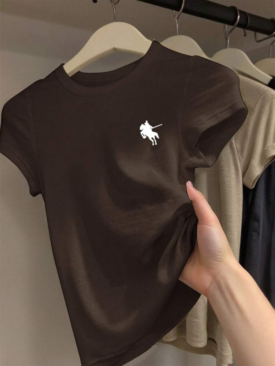 INAWLY Women's Casual Knight Print Short Sleeve T-Shirt, Summer - Brown - View 1