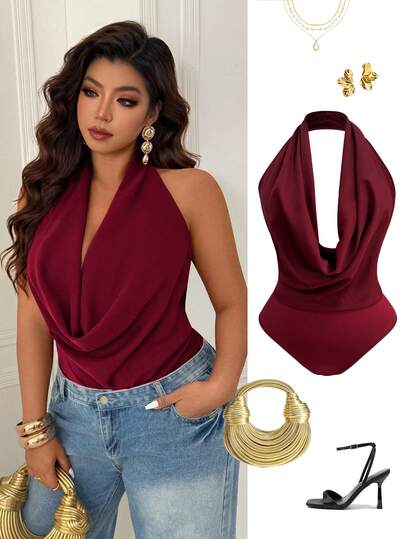 Femmeverse Plus Size Women's Plunging Draped Neck Backless Sexy Bodysuit