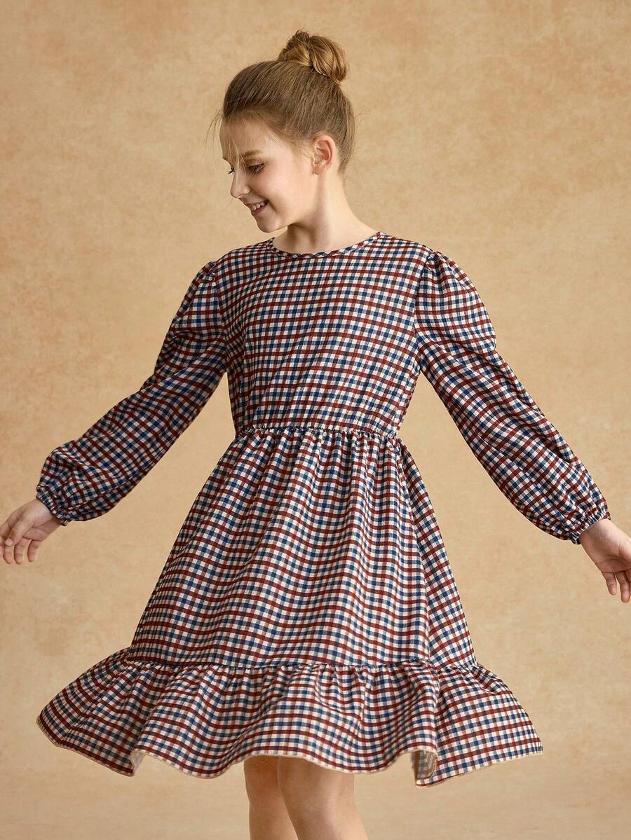 Tween Girl Plaid Dress,White And Blue,Autumn,Cute,School,Back-To-School,Elegant Cinched Waist Long Sleeve,Lightweight Casual Countryside Style Dress - Mocha Brown - View 1