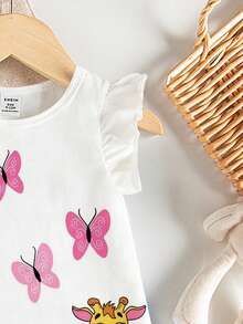 SHEIN Playful Pals Baby Girl Colorful Floral, Butterfly & Animal Print Knit Ruffle Hem White Dress, Summer - Multicolor - View 5