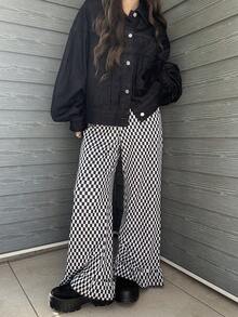 FRIFUL Women's Plaid Hem Pleated Straight Leg Pants, Loose Casual Versatile Spring Trousers - Black - View 3