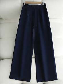 Franclia Petite Women's Solid Color Slant Pocket Casual Straight Leg Pants - Navy Blue - View 2