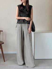 FRIFUL Women's Solid Color Round Neck Loose Tank Top And Striped Wide Leg Pants Casual 2 Pieces Set Lounge Sets For Women - Black - View 7