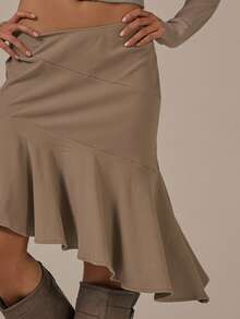 MUSERA Falda midi con detalle de dobladillo asimétrico y costuras, primavera-verano, estilo cottage acogedor y casual - Camel - Ver 5